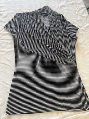 DKNY Black and White Striped Short-Sleeve Wrap Top